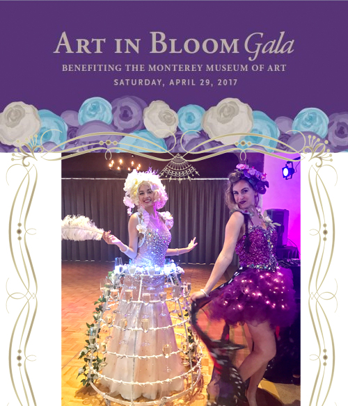 Art in bloom gala- champagne dress and floral light entertainer hostess by Catalyst Arts