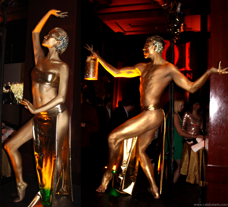 Gold Body painted Statue dancers & living decor by Audette Sophia & Catalyst Arts Entertainment in California- www.catalystarts.com