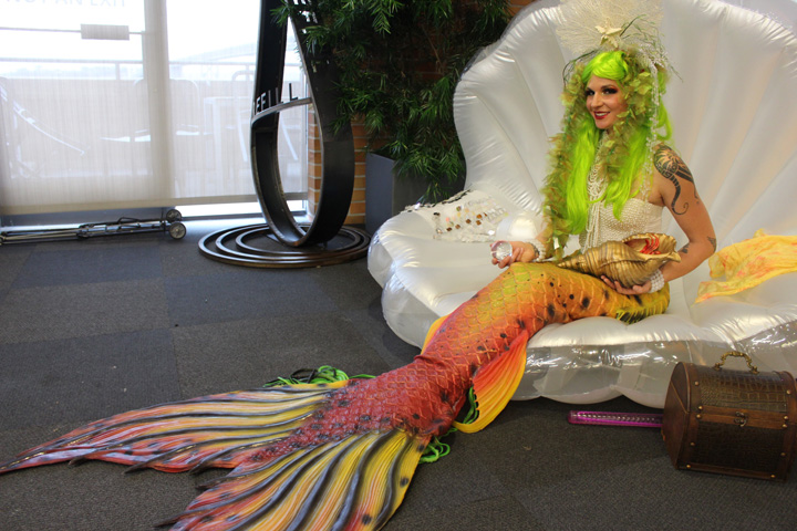 Realistic tail mermaid on Large shell- ambient entertainment- catalyst arts