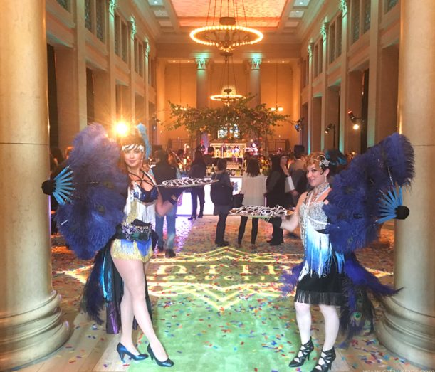 PeacockFlappers_withtrays Catalyst Arts peacock flappers at entire productions event at bentley reserve, san francisco