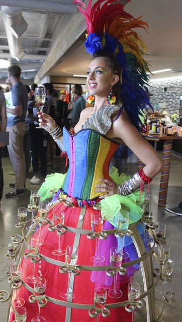 RainbowChampagneSkirt Rainbow Pride Wild Champagne Hostess model- www.catalystarts.com