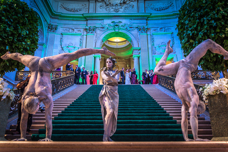Stone body painted living statues perform contortion at SF City Hall for Opera Ball- www.catalystarts.com