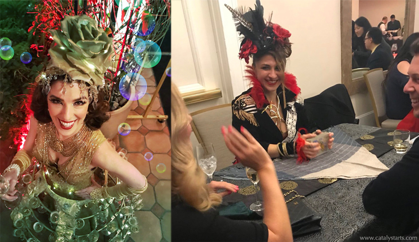 Champagne Skirt & Tarot reader at circus party by Catalyst Arts Entertainment California