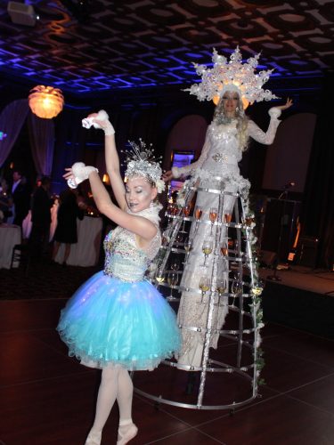 Ballerina_withStiltChampSkirt Holiday Ballerina & Champagne Stilt Walker by Catalyst Arts Entertainment in California - www.catalystarts.com