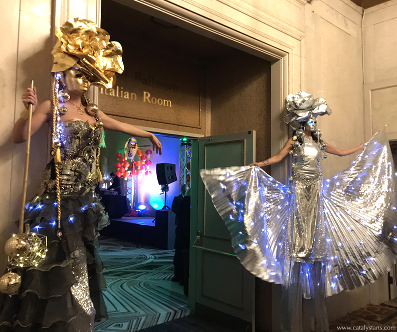 Silver Gold Rose Queen Stilt Walkers by Catalyst Arts SF