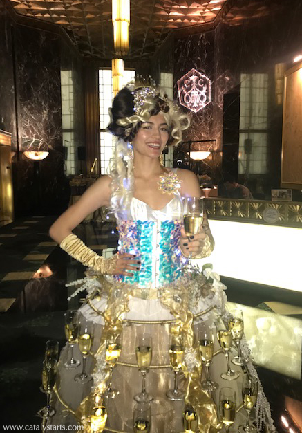 Sparkly Gold Champagne Skirt hostess- costume/booking by Catalyst Arts Entertainment 