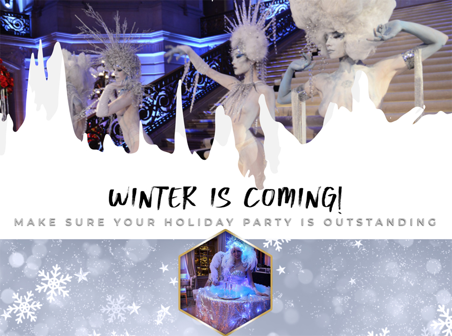 Catalyst Arts Entertainment Winter Wonderland Theme Parties - Champagne Skirts - Stilt Walkers - Tray Ladies