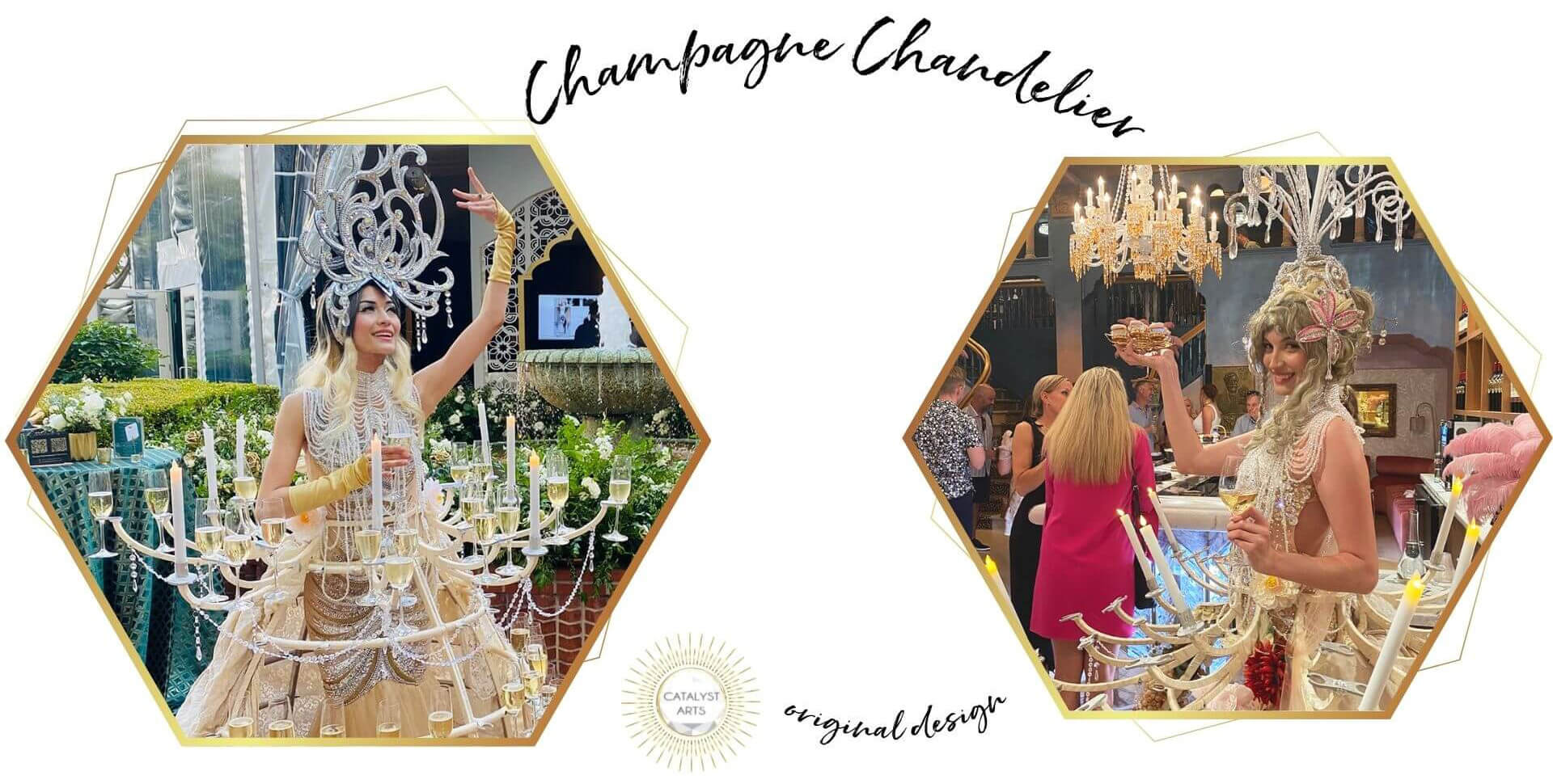 Champagne Chandelier Dress Hostess- original hospitality entertainer creation of Catalyst Arts in California 