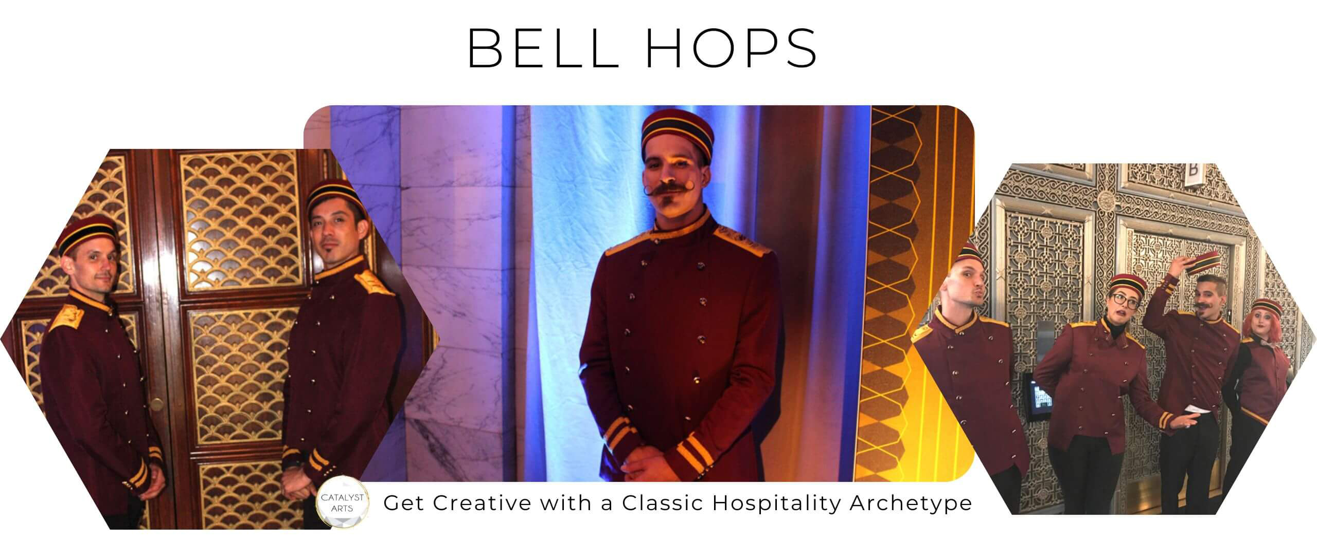 Bellhop costumed character Actors by Catalyst Arts Entertainment company in San Francisco Bay Area