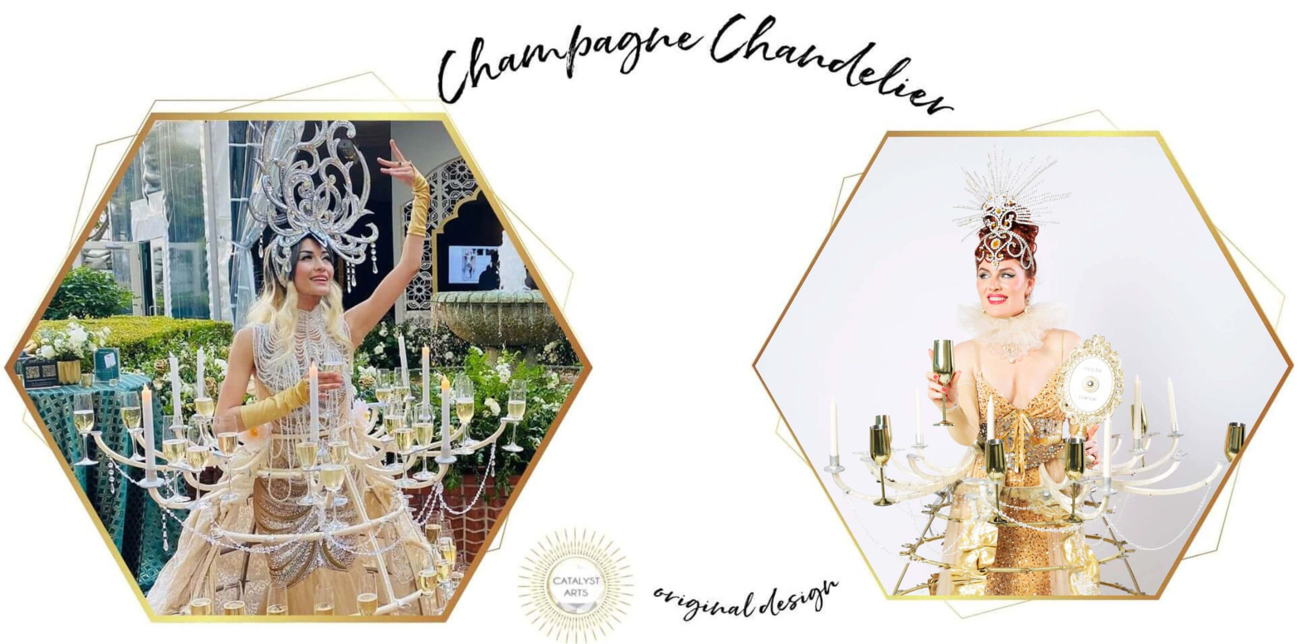Champagn Chandelier champagne chandelier unique champagne skirt booking in San Francisco bay area by Catalyst Arts
