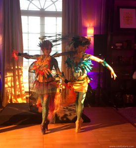 Catalyst Arts body painted birds of paradise ballerinas with giant golden cage in penthouse for private birthday event