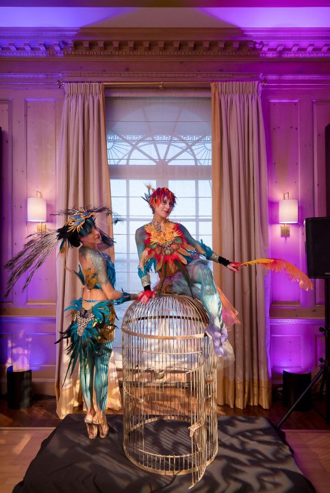 ©2016 gavinfarrington.com Catalyst Arts body painted birds of paradise ballerinas with giant golden cage in penthouse for private birthday event