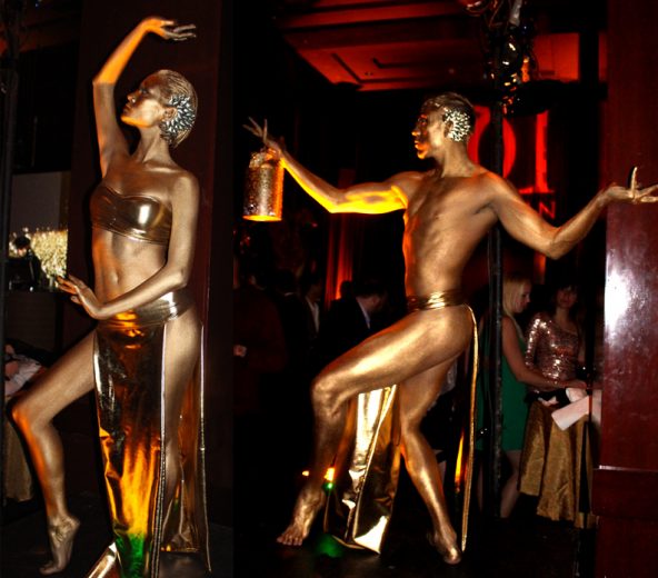 BothGoldBodypaintedStatues Gold Body painted Statue dancers & living decor by Audette Sophia & Catalyst Arts Entertainment in California- www.catalystarts.com