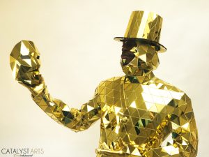 Golden Mirror Man Holding a Golden Mask