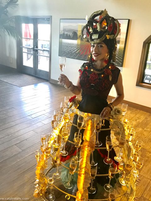 Mariposa_DrinksSkirt_wedding Gold wedding Champagne Skirt by Catalyst Arts Enterainment