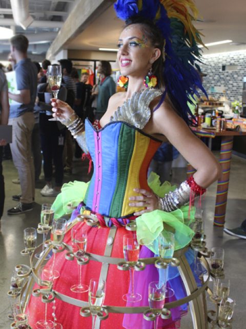 RainbowChampagneSkirt Rainbow Pride Wild Champagne Hostess model- www.catalystarts.com