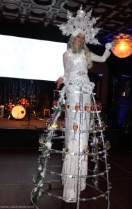 Deluxe Champagne Skirt Stilt Walker at winter wonderland holiday party- by Catalyst Arts SF
