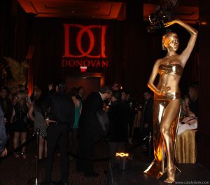 Gold Party in SF- Golden statue body painted dancers & face paint zone by www.catalystarts.com for Donovan & Gold Rush Rally
