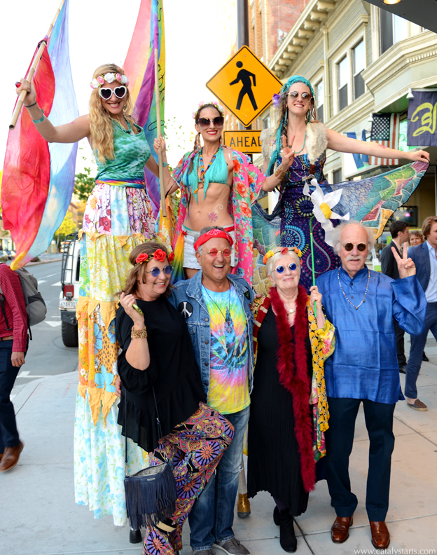 hippie flower child stilt walkers by Catalyst Arts for Share the Love Gala in Berkeley