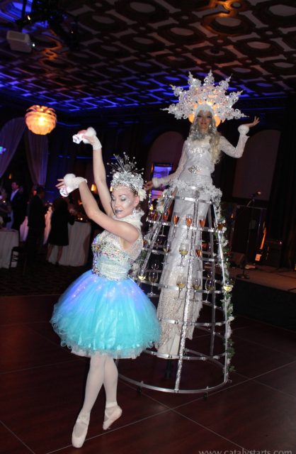 Ballerina_withStiltChampSkirt Holiday Ballerina & Champagne Stilt Walker by Catalyst Arts Entertainment in California - www.catalystarts.com