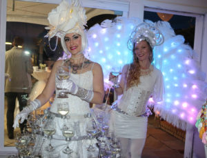 Two White Party Performers- Champagne Skirt & Led Feather Fan dancer