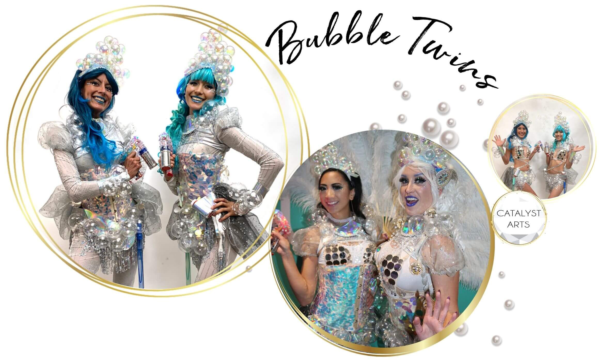 Bubble Twins- bubble themed hostess character model performers by Catalyst Arts Entertainment in California
