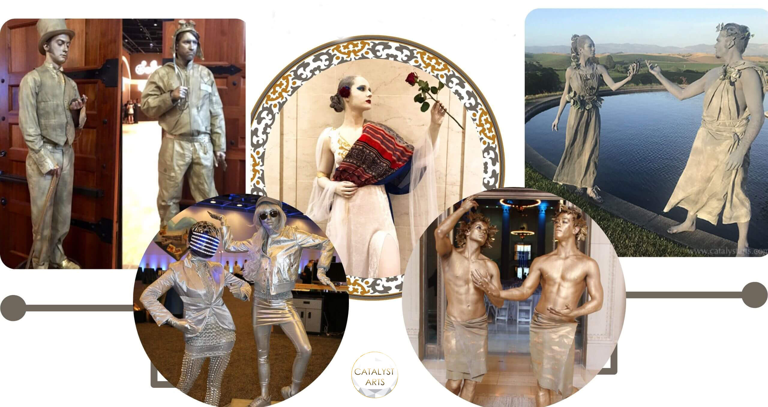 Living Statues & body painted statue performers from Catalyst Arts in San Francisco & Wine Country California 