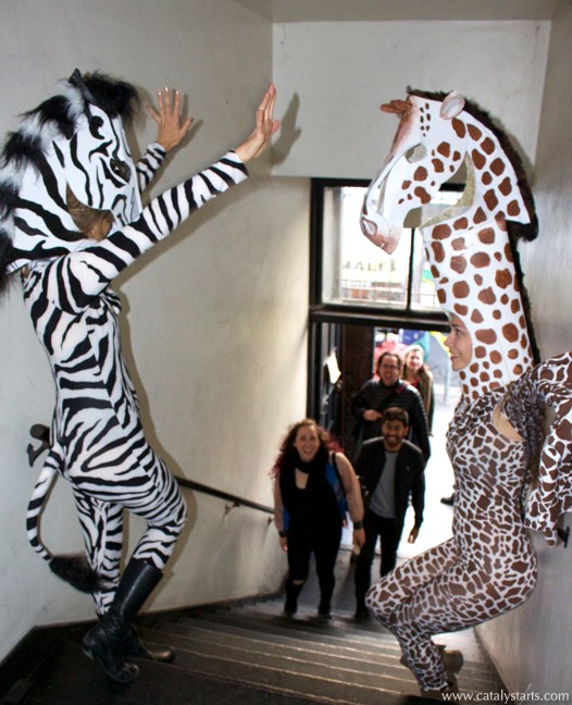 greeting zebra & giraffe for Rainforest Action Network event.