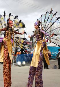 Kooza Cirque Stilt Walkers by Catalyst Arts- circus peacock stilt walker- original costume & character booking only by Catalyst Arts in California