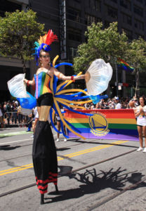 Rainbow Pride Costumed Stilt Walking Characters by Catalyst Arts entertainment in CA- www.catalystarts.com